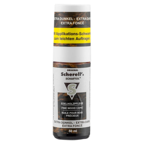 Image de l'huile Schaftol pour l'entretien et la protection du bois, 50ml avec tampon applicateur, protège les bois des armes contre l'humidité, les tâches et les rugosités, disponible en teintes foncée et extra-foncée.