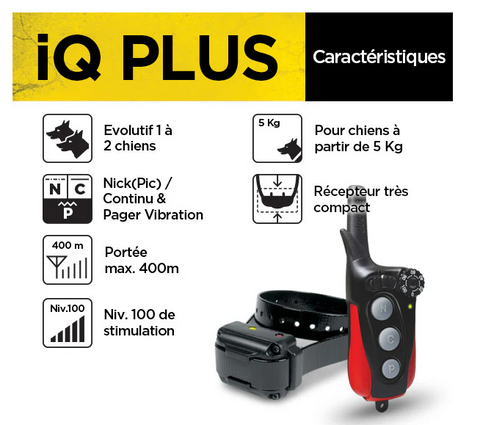 Collier Dogtra IQ Plus noir pour le dressage de chiens de petite à moyenne taille, rechargeable, étanche avec stimulation basse à moyenne, idéal pour un dressage efficace et doux. Conçu avec accumulateurs Li-Po et voyant LED pour niveaux de charge, récepteur IPX9K et émetteur évolutif.