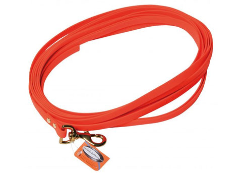 Laisse de recherche Januel en biothane orange fluo de 16 mètres pour entraînement et recherche en extérieur, offrant visibilité et durabilité, adaptée au dressage et à la traque de chiens.