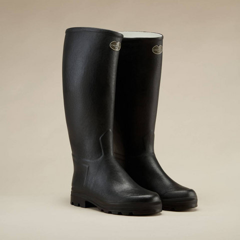 Bottes marron Le Chameau Saint-Hubert doublées cuir, bottes artisanales en caoutchouc naturel, chaussures imperméables élégantes et durables pour activités extérieures, protection optimale avec semelle bi-densité, confectionnées à la main, idéales pour randonnée et chasse