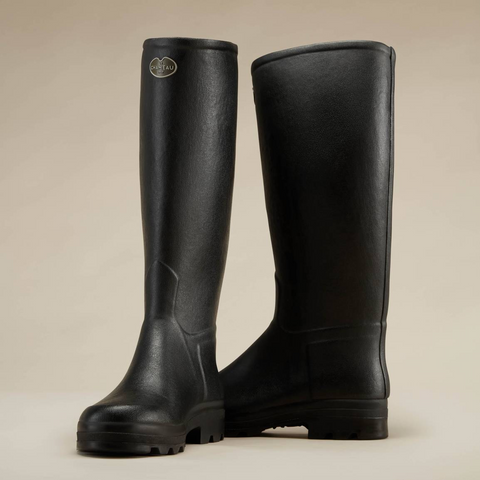 Bottes marron Le Chameau Saint-Hubert doublées cuir, bottes artisanales en caoutchouc naturel, chaussures imperméables élégantes et durables pour activités extérieures, protection optimale avec semelle bi-densité, confectionnées à la main, idéales pour randonnée et chasse
