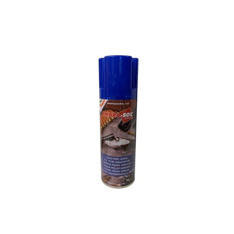 Deux aérosols d'huile Ambro-Sol de 200 ml, conçus pour offrir une protection anticorrosive et un lubrifiant efficace pour toutes sortes d'armes, formant une barrière protectrice contre l'humidité et les substances corrosives. Produit essentiel pour le nettoyage et la maintenance des armes à feu.