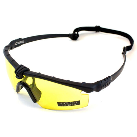 Lunettes de protection thermal Nuprol avec traitement anti-buée et anti-rayures, réglables grâce à un élastique, protection UV400, conformes EN166, disponibles en plusieurs coloris, idéales pour les joueurs d'airsoft à la recherche de confort et sécurité.