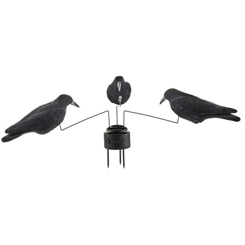 Image d'un produit avec des formes ultra réalistes et floquage noir mat, résistant aux UV, doté d'un système tournant fonctionnant avec 3 piles LR06 et livré avec pics de maintien au sol pour une installation facile, parfait pour la décoration extérieure et durable