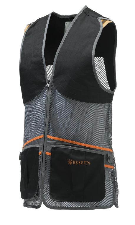 Gilet de tir Beretta Full Mesh en filet respirant avec bande d’épaule en coton, idéal pour le tir sportif par temps chaud, poches avant pour cartouches et attache casque, disponible en plusieurs coloris et tailles
