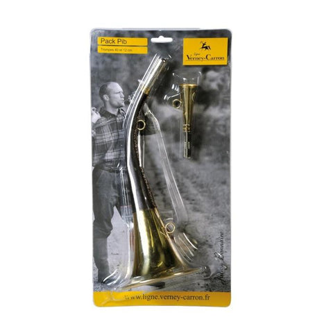 pack de deux trompes musicales en cuivre, incluant une trompe gainée cuir de 40 cm et une trompe de 12 cm, idéal pour cadeaux ou décoration musicale