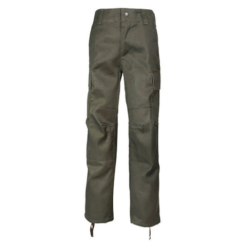 Polyester cotton blend work pants with six pockets, adjustable waist, reinforced knees and seat, available in multiple sizes and colors, lace-up hem design.