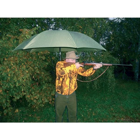 Parapluie de chasse en toile polyester avec pic en acier anti-corrosion, idéal pour les chasseurs en battue, de 2,30m de hauteur, inclinaison à 45° ou 90°, avec pochette et bandoulière de transport, diamètre de 1,70m pour une protection optimale.