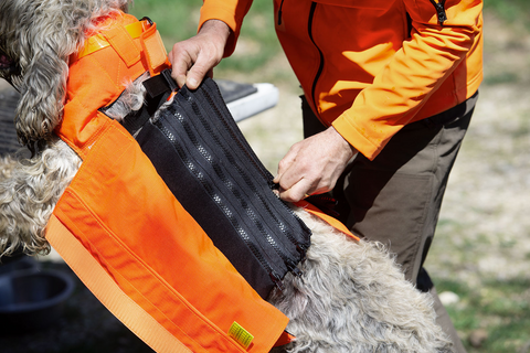 Gilet CaniHunt Protect Pro L'Original, gilet de protection orange fluo pour la visibilité, résistante et sécurisée pour chien de chasse, face externe en CORDURA 1100 DTEX, tissu anti-perforation, confort avec doublure thermo-régulatrice, protection contre perforations et débordements, sécurité et confort pour chien, ajustable avec systèmes de fermeture Zip et Velcro, équipement de chasse haute performance