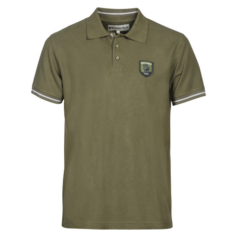 Polo manches courtes de chasse Percussion brodé en coton piqué, confortable et respirant, idéal pour les activités outdoor et les journées de chasse estivales, avec écusson ou motif sanglier sur la poitrine.