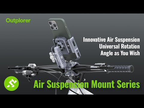 Support Smartphone Outplorer pour Guidon avec Collier de Serrage, système de suspension pneumatique pour absorption des vibrations, protection OIS idéale, support modulable pour smartphone, compatible avec téléphones de 63 à 97 mm de largeur, support antivol sécurisé, accessoires pour vélo et moto, fixation stable et rotative, couleur grise, dimensions 575 x 445 x 355 mm, poids 0.54 kg