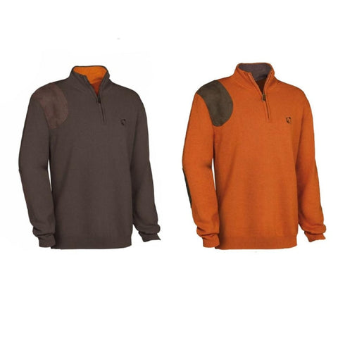 Pull de chasse pour homme 'Wilfried' de Club Interchasse sans broderie, chaud et confortable, avec col cheminée zippé, disponible en marron et orange, tailles S à 3XL, composé de 50% laine et 50% coton, avec empiècements en suédine
