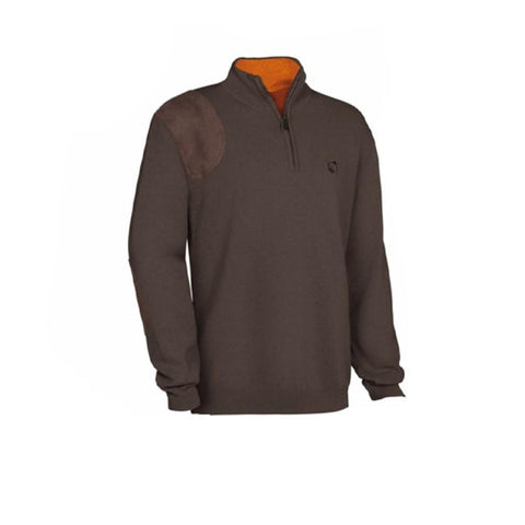 Pull de chasse pour homme 'Wilfried' de Club Interchasse sans broderie, chaud et confortable, avec col cheminée zippé, disponible en marron et orange, tailles S à 3XL, composé de 50% laine et 50% coton, avec empiècements en suédine