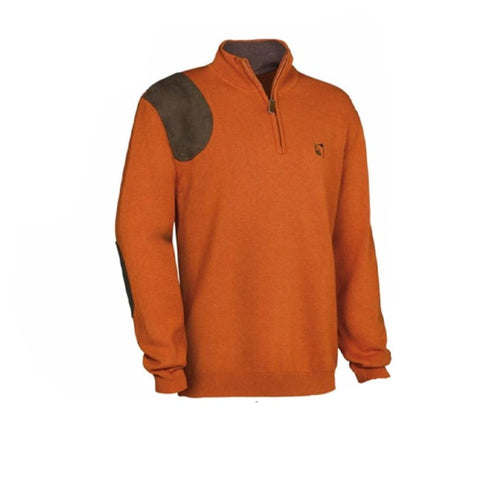 Pull de chasse pour homme 'Wilfried' de Club Interchasse sans broderie, chaud et confortable, avec col cheminée zippé, disponible en marron et orange, tailles S à 3XL, composé de 50% laine et 50% coton, avec empiècements en suédine