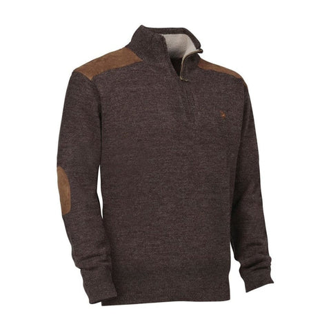 Verney Carron men's zipped neck sweater in brown or green featuring warm acrylic polyamide wool blend, suede shoulder and elbow patches, embroidered chest logo, available in sizes S to 4XL, perfect for winter and autumn fashion.