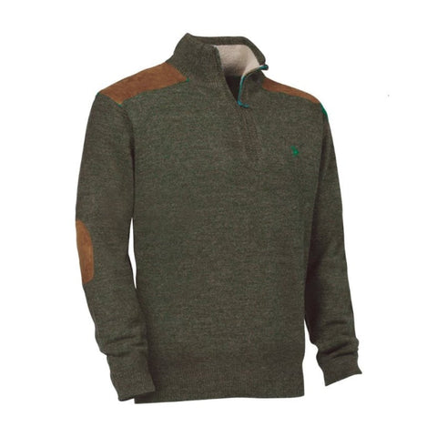 Verney Carron men's zipped neck sweater in brown or green featuring warm acrylic polyamide wool blend, suede shoulder and elbow patches, embroidered chest logo, available in sizes S to 4XL, perfect for winter and autumn fashion.