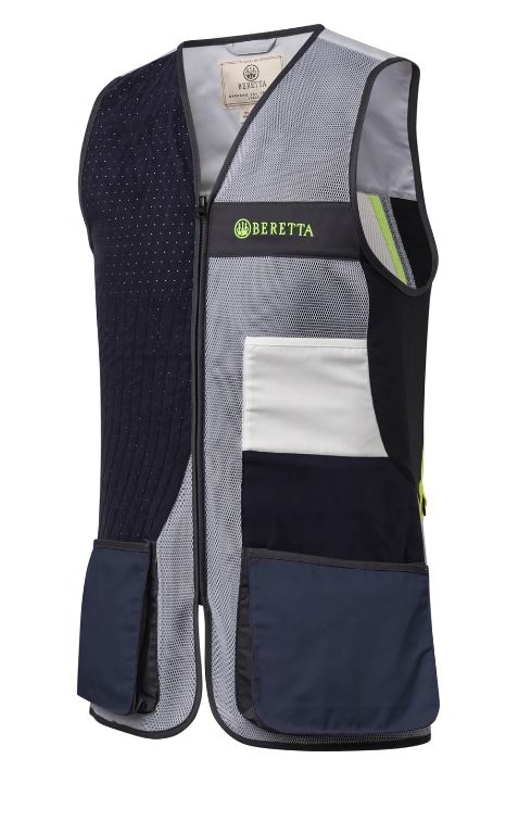 Gilet Beretta Uniform Pro 20.20 pour tir sportif, respirant et ajustable, conçu avec un filet 3D élastique pour une ventilation optimale et un confort supérieur, idéal pour les compétitions de tir, featuring poches avant extensibles et bande d'épaule en microsuède perforée