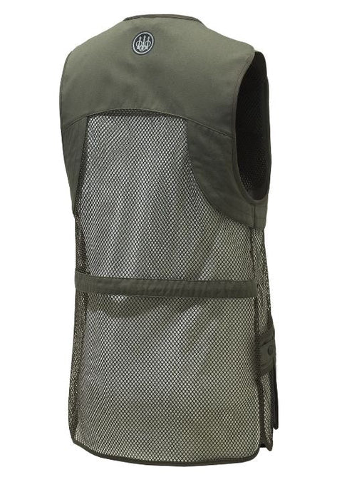 Gilet de tir Beretta Full Mesh en filet respirant avec bande d’épaule en coton, idéal pour le tir sportif par temps chaud, poches avant pour cartouches et attache casque, disponible en plusieurs coloris et tailles