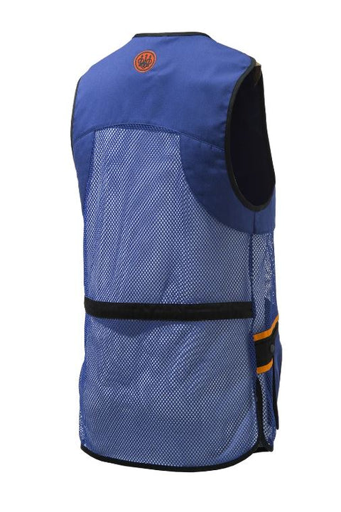 Gilet de tir Beretta Full Mesh en filet respirant avec bande d’épaule en coton, idéal pour le tir sportif par temps chaud, poches avant pour cartouches et attache casque, disponible en plusieurs coloris et tailles