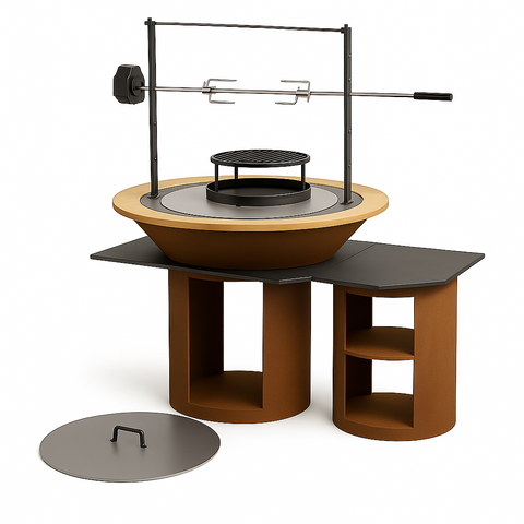 Pack Brasero Complet 2025 avec tourne broche, couvercle, et contour en bois - Design extérieur moderne et chic - Acier corten résistant, diamètre 100 cm - Idéal pour soirées conviviales et cuissons barbecue en plein air - Accessoires inclus pour une expérience optimale
