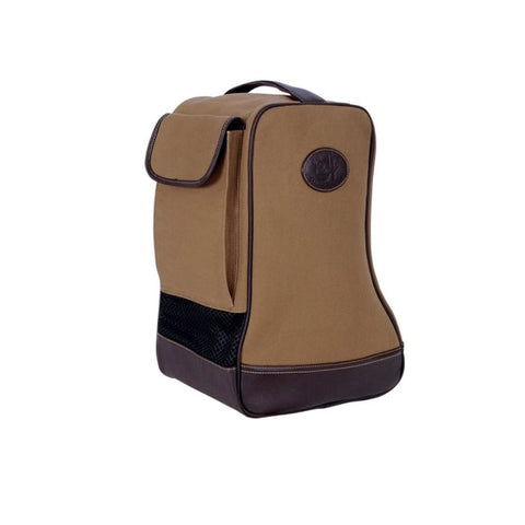 Sac à botte Alexandro par Club Interchasse en toile de coton avec empiècement en cuir de buffle, coloris sable, doublure polyester, grande poche arrière, idéal pour ranger des bottes, esthétique et durable, hauteur de 50 cm