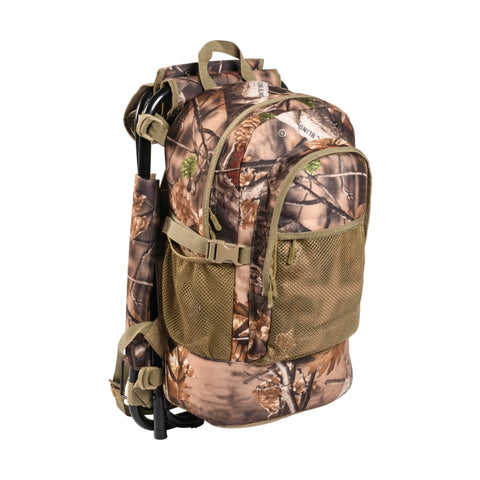 Sac à dos déperlant avec siège intégré, couleur kaki, doté de plusieurs poches zippées et filets, idéal pour la randonnée et le camping, offrant confort et robustesse, poids de 2,4 kg et dimensions de 22x29x46 cm