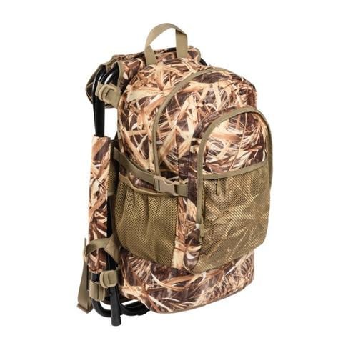 Sac à dos déperlant avec siège intégré, couleur kaki, doté de plusieurs poches zippées et filets, idéal pour la randonnée et le camping, offrant confort et robustesse, poids de 2,4 kg et dimensions de 22x29x46 cm