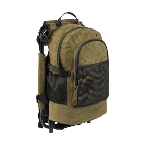 Sac à dos déperlant avec siège intégré, couleur kaki, doté de plusieurs poches zippées et filets, idéal pour la randonnée et le camping, offrant confort et robustesse, poids de 2,4 kg et dimensions de 22x29x46 cm