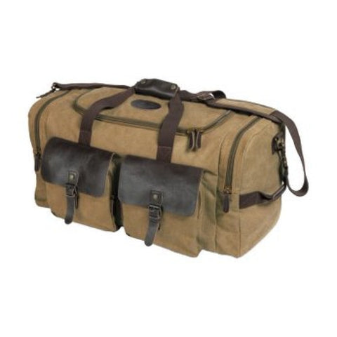 Sac de voyage en toile canevas avec détails en cuir de buffle, idéal pour les escapades du week-end, avec grand compartiment, poches zippées multiples, poignées doubles et bandoulière détachable pour un transport confortable et élégant.