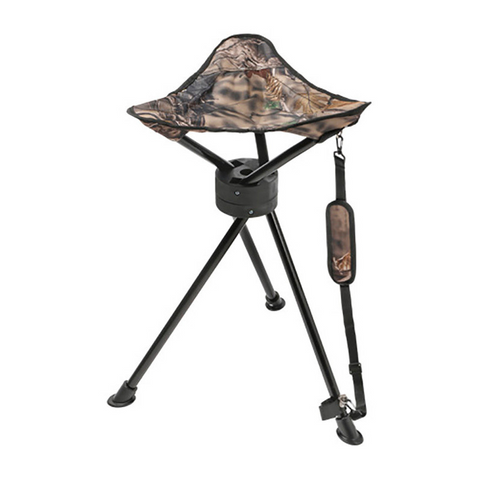 Siège de battue rotatif Stepland trépied métallique avec revêtement camouflage forêt, conçu pour la stabilité et le confort durant la chasse, comprend bretelles pour transport facile et systèmes rotatifs pour mouvement libre, supportant jusqu'à 100 kg