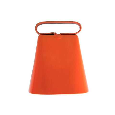 Sonnaillons HVB de haute qualité fabriqués par Helen Baud, caractéristiques comprennant soudure solide, battant monobloc, cloches zinguées anti-oxydation, disponibles en tailles de 3 à 6 cm, couleur orange fluo, parfait pour usage agricole et maintien sécurisé des animaux