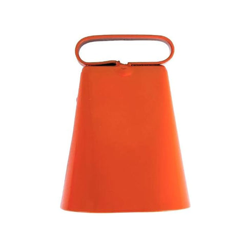 Sonnaillons HVB de haute qualité fabriqués par Helen Baud, caractéristiques comprennant soudure solide, battant monobloc, cloches zinguées anti-oxydation, disponibles en tailles de 3 à 6 cm, couleur orange fluo, parfait pour usage agricole et maintien sécurisé des animaux