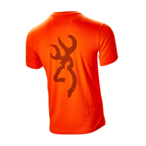 Un T-shirt Browning Teamspirit en couleur Orange Blaze, idéal pour les chasseurs cherchant à augmenter leur visibilité grâce à sa teinte haute visibilité tout en bénéficiant du confort offert par son tissu respirant et léger. Parfait pour les activités de plein air et la chasse.