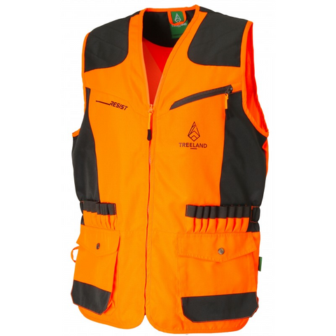 Gilet de chasse Somlys anti-ronce renforcé orange avec doubles cartouchières, poches multi-fonctionnelles et doublure respirante pour chasseurs actifs en milieu dense. Idéal pour la sécurité et le confort lors de traques ou battues.