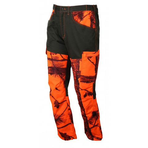 Pantalon de chasse Treeland Maquisard II orange camo renforcé anti-ronce, léger et respirant, idéal pour visibilité en début de saison de chasse.