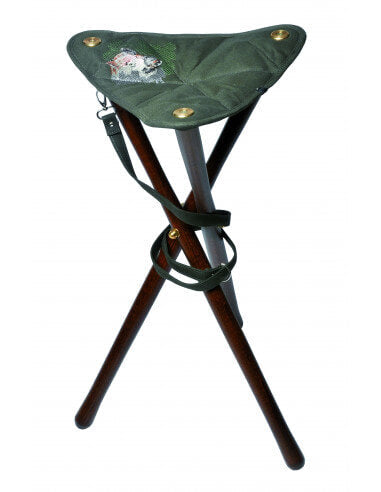 Trépied en bois Januel avec toile brodée, 60 cm de hauteur, fabriqué en France, offre stabilité et confort pour les activités de plein air comme la chasse et la pêche, siège portable conçu pour une utilisation en extérieur avec un design classique et des matériaux de haute qualité.