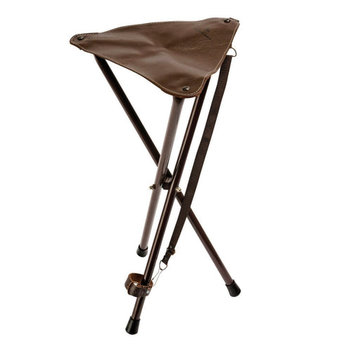 Trépied bois Verney Carron Tob 60 cm avec assise en cuir, pieds en métal robuste et bretelles de transport, parfait pour le camping, supportant jusqu'à 100 kg.