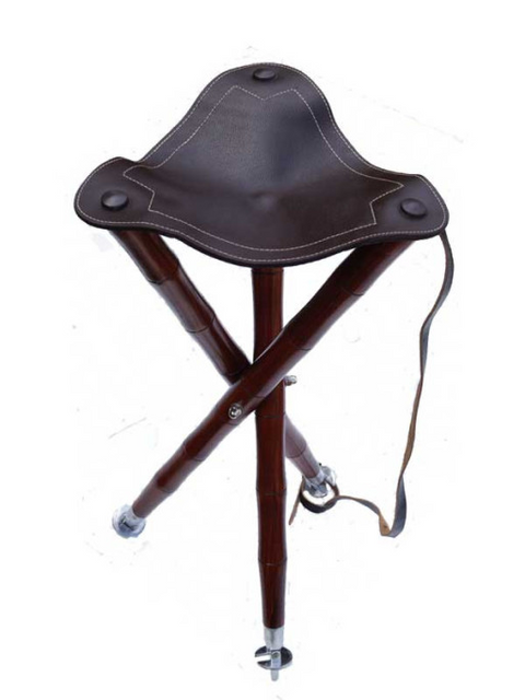 Trépied pliable Lovergreen en cuir et bois, siège portable et élégant pour activités de plein air telles que la chasse et la pêche, avec sangle de fermeture pour un transport facile.