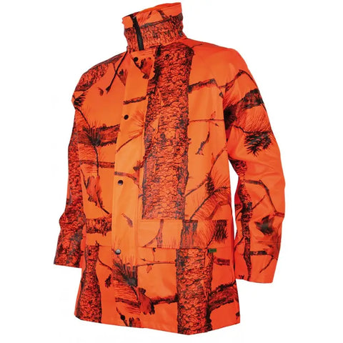 "Veste de pluie Treeland en camo orange T425, idéale pour rester au sec et camouflé en milieu naturel."