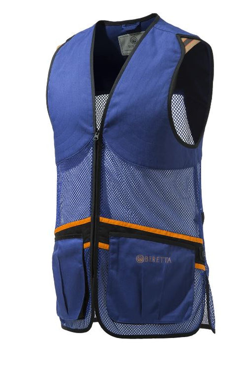 Gilet de tir Beretta Full Mesh en filet respirant avec bande d’épaule en coton, idéal pour le tir sportif par temps chaud, poches avant pour cartouches et attache casque, disponible en plusieurs coloris et tailles