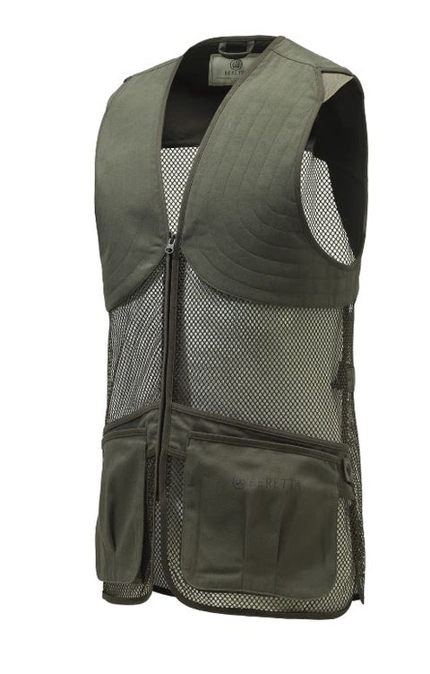 Gilet de tir Beretta Full Mesh en filet respirant avec bande d’épaule en coton, idéal pour le tir sportif par temps chaud, poches avant pour cartouches et attache casque, disponible en plusieurs coloris et tailles