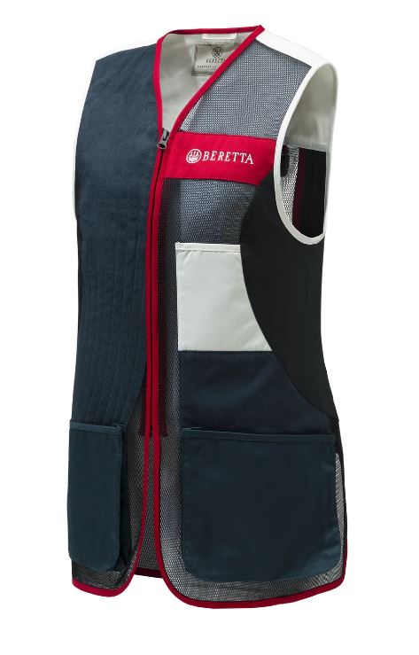 Gilet de tir Beretta Uniform Pro 20.20 Micro pour femme, en filet respirant et coton élastique, doté de détails perforés pour une ventilation optimale, idéal pour les compétitrices, avec poches extensibles et coupe élégante.